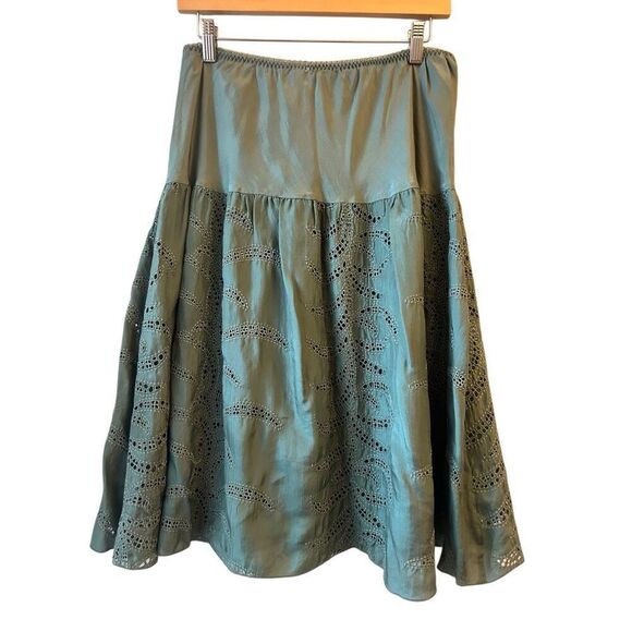 Gold Hawk 100% silk boho eyelet skirt olive green sz L lagenlook - Picture 2 of 7